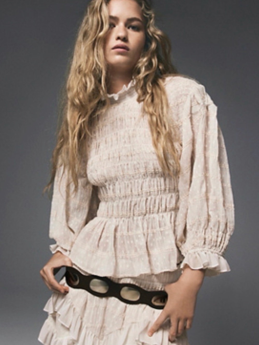 Free People Anders Smocked Swiss Dot Peplum Blouse NWT Medium